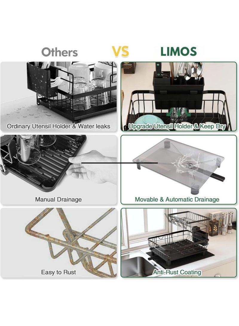LIMOS Dish Drainer Rack, 2 Tier Dish Drainer with Drip Tray and Drainer Mat, Stainless Steel Dish Rack with Utensil Holder, Swivel Spout, Draining Board for Kitchen Counter, Black - Image 4